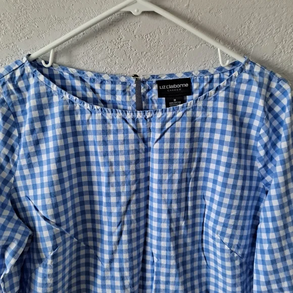 Liz Claiborne Blue Plaid Top with White Lace Elbow Sleeves - Picture 2 of 7